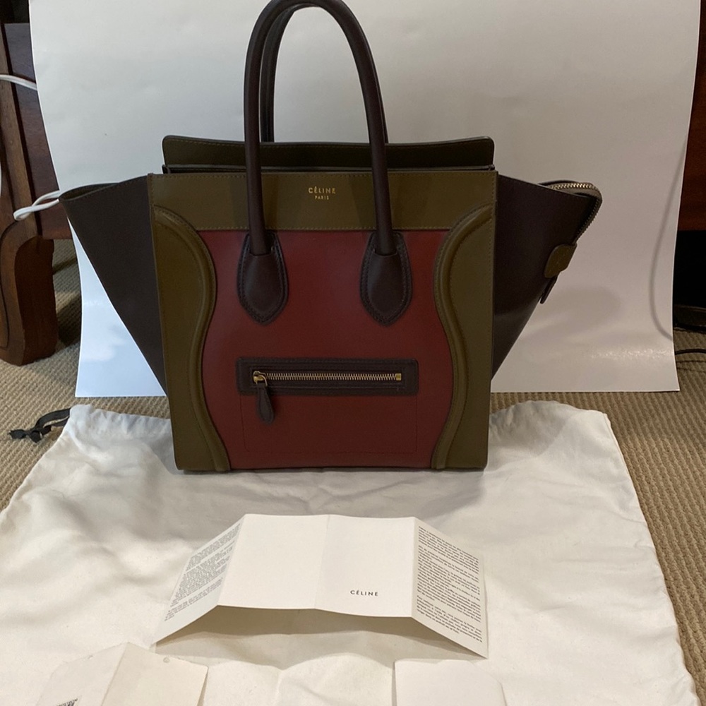CELINE LARGE LUGGAGE TOTE NWOT BURGUNDY BROWN AND OLIVE GREEN - Picture 5 of 17